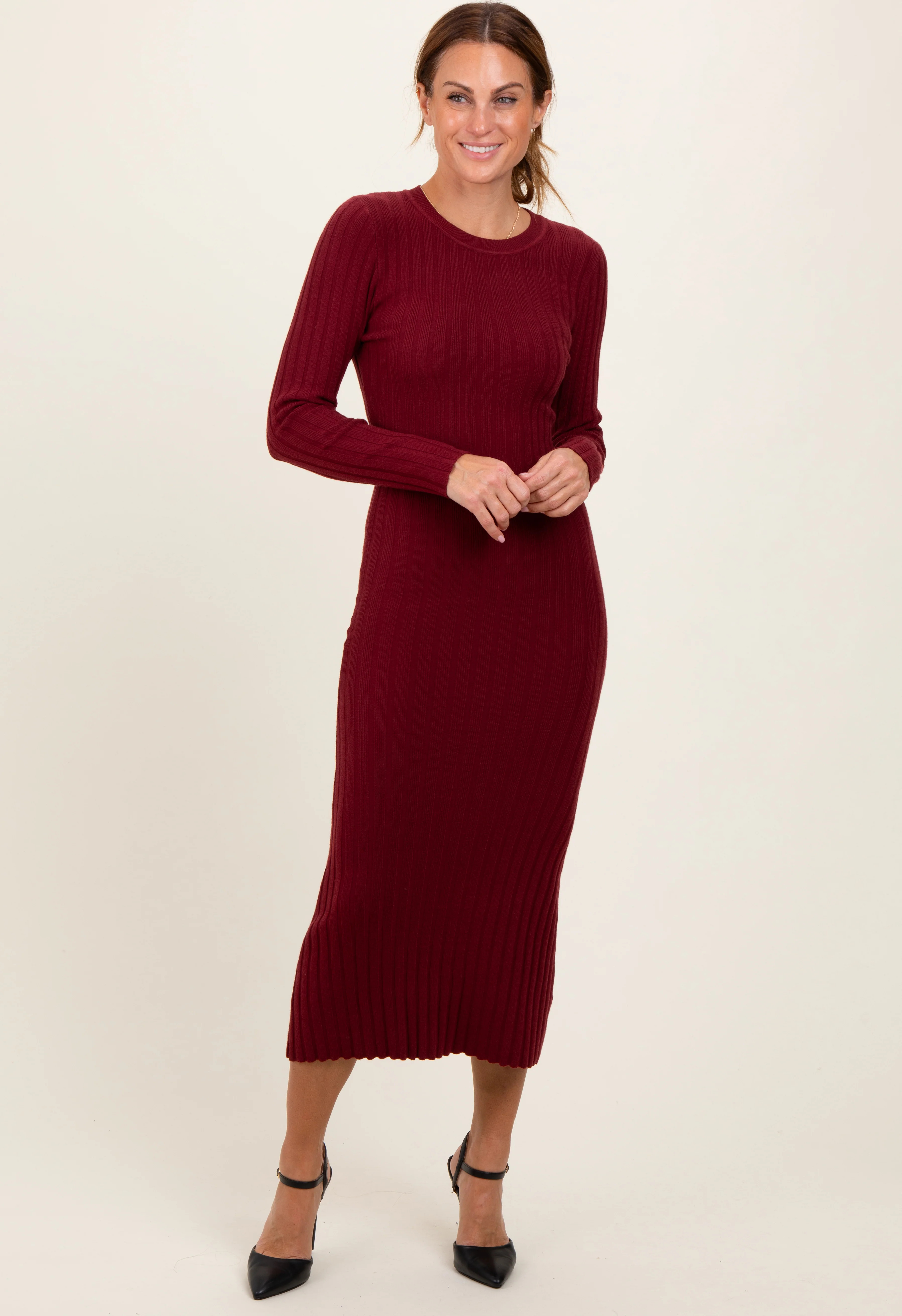 Burgundy Ribbed Knit Fitted Midi Sweater Dress | PinkBlush Maternity
