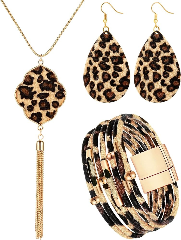 Hicarer 3 Pieces Leopard Earrings Bracelets Women Jewelry Bohemia Earrings Necklace Cheetah Set M... | Amazon (US)