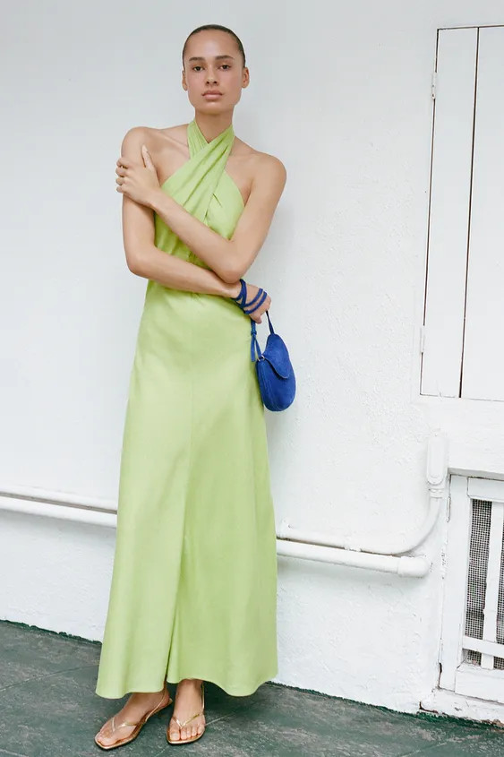 Linen dress. Crisscross halter neckline. Open back. A-line hem. Back hidden button closure. | Zara US