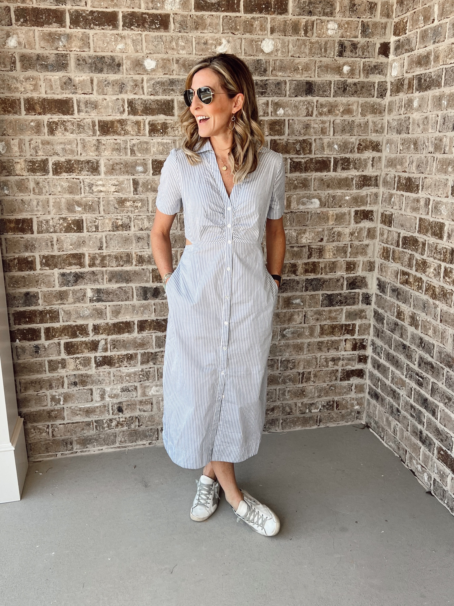 Redeem your Old Navy super cash to purchase your spring favorites. This striped cutout midi shirt dress// darted bust// with ruching // dress runs small. I am wearing a size small // use code super for card members to get an extra 30% off   

#LTKworkwear #LTKstyletip #LTKunder50