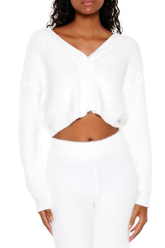 Forever 21 Women's Fuzzy Knit Cardigan Sweater White | Amazon (US)