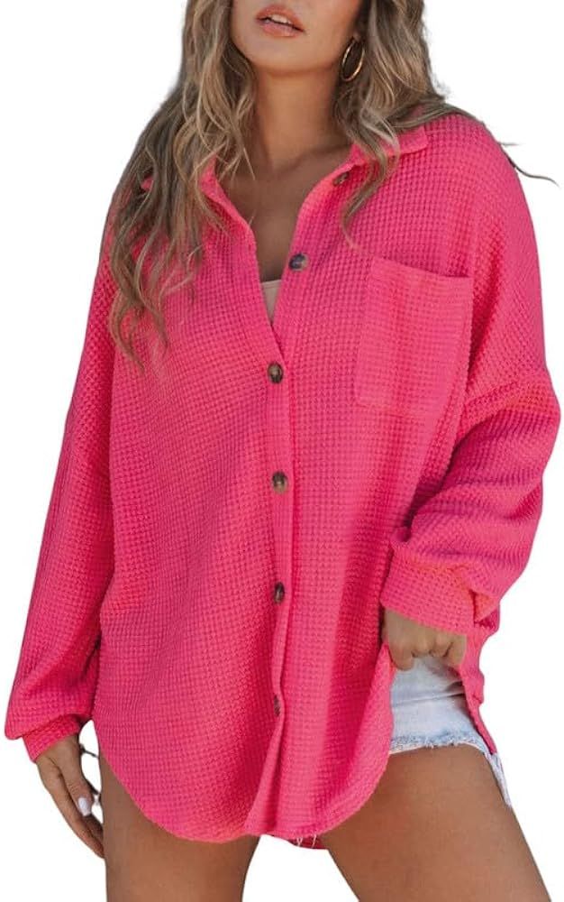 SHEWIN Women's Waffle Knit Button Down Shirts Casual Long Sleeve Shacket Jacket Boyfriend Tops Bl... | Amazon (US)