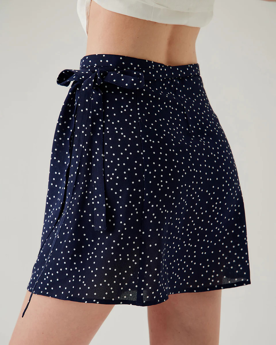 Navy Polka Dot Wrap Mini Skirt | rihoas.com