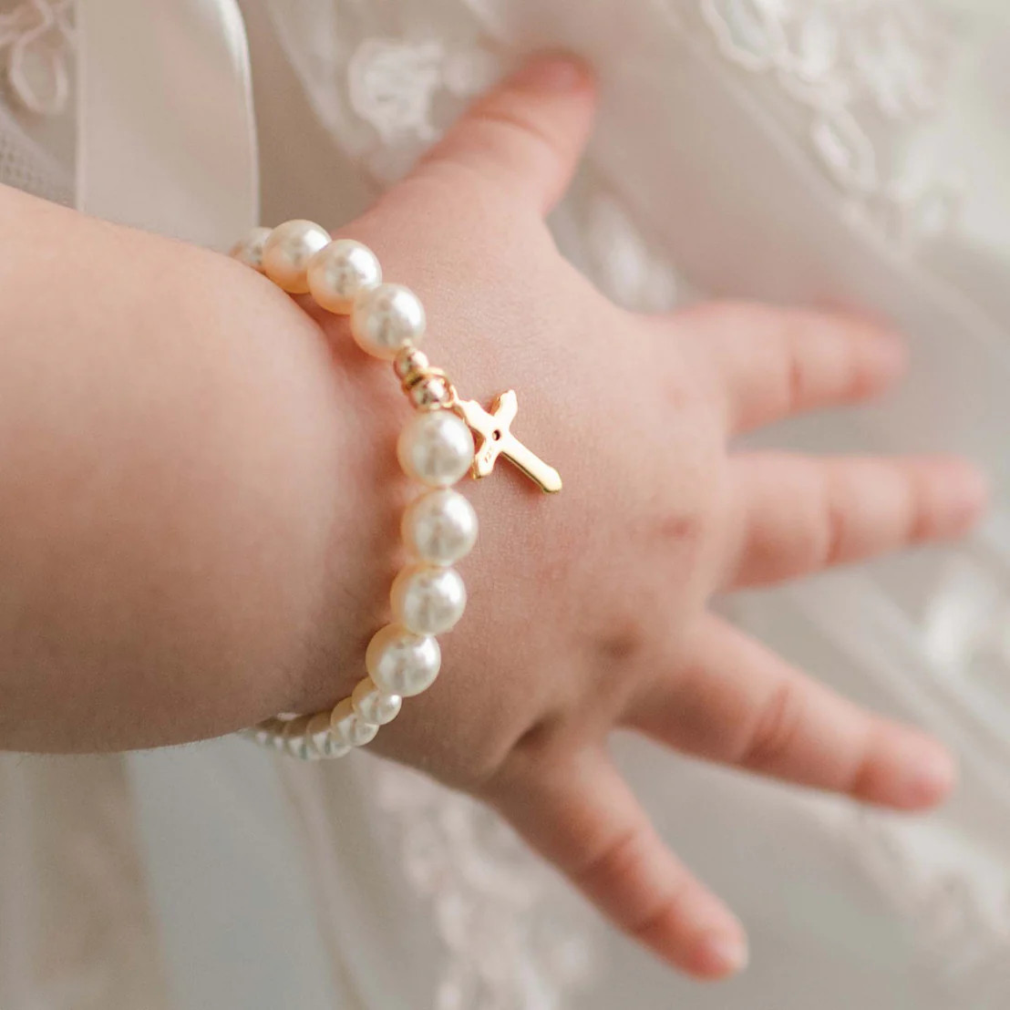 Cream Luster Pearl Bracelet with Gold Cross | Baby Beau & Belle