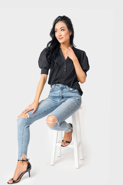 Mixed Media Henley Top with Puff Sleeve | Gibson