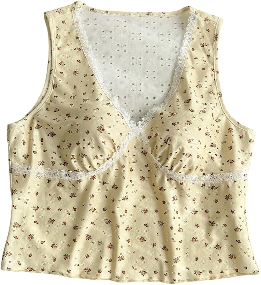 Milumia Women's Plus Size Ditsy Floral V Neck Tank Top Contrast Lace Trim Sleeveless Shirts | Amazon (US)