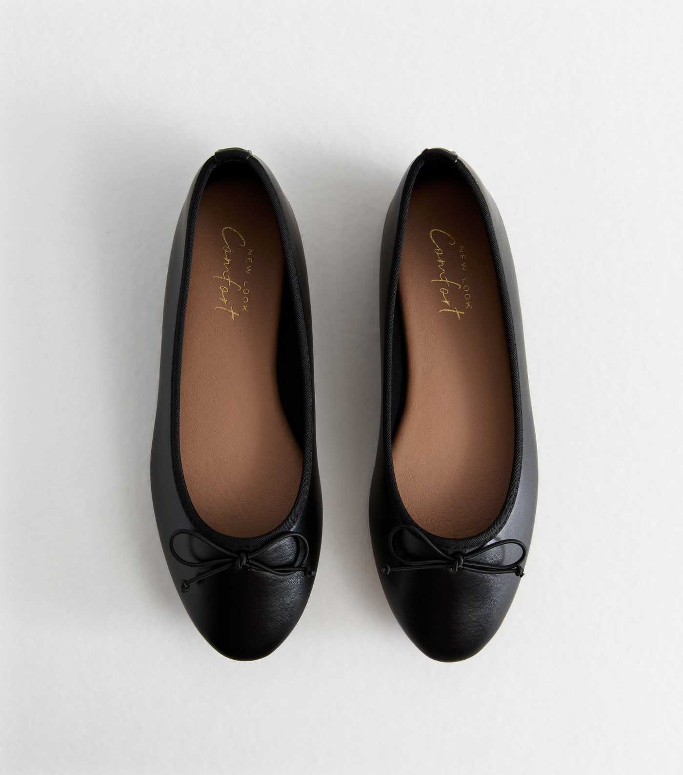 Black Bow-Trim Flat Leather-Look Ballerina Shoes | New Look | New Look (UK)