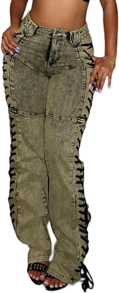 Women Straight Leg Jeans Casual Y2k High Waisted Lace UP Split Hem Jeans Slim Fit Trendy Denim Pa... | Amazon (US)