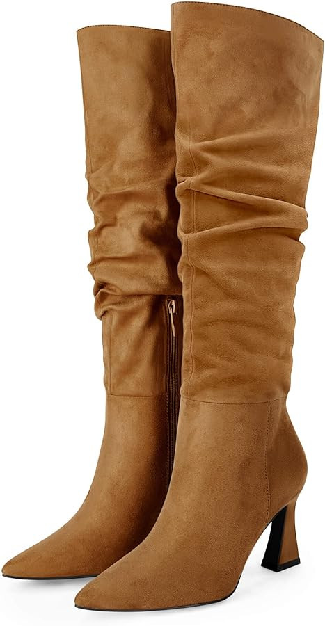 Coutgo Women's Slouchy Knee High Boots Wide Calf Pointed Toe Side Zipper Chunky Heel Long Boots W... | Amazon (US)