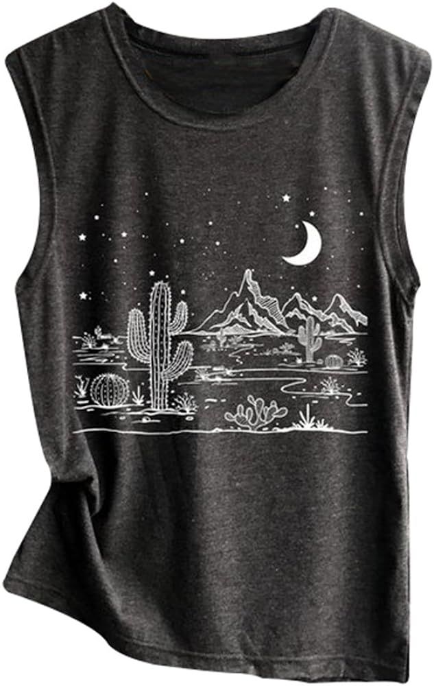 Women Desert Starry Night Shirt Cactus Tank Top Muscle Shirt Tee Tops | Amazon (US)