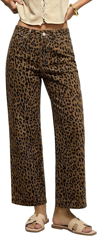 luvamia Wide Leg Jeans Woman Trendy High Waisted Leopard Cheetah Print Ankle Length Stretchy Deni... | Amazon (US)