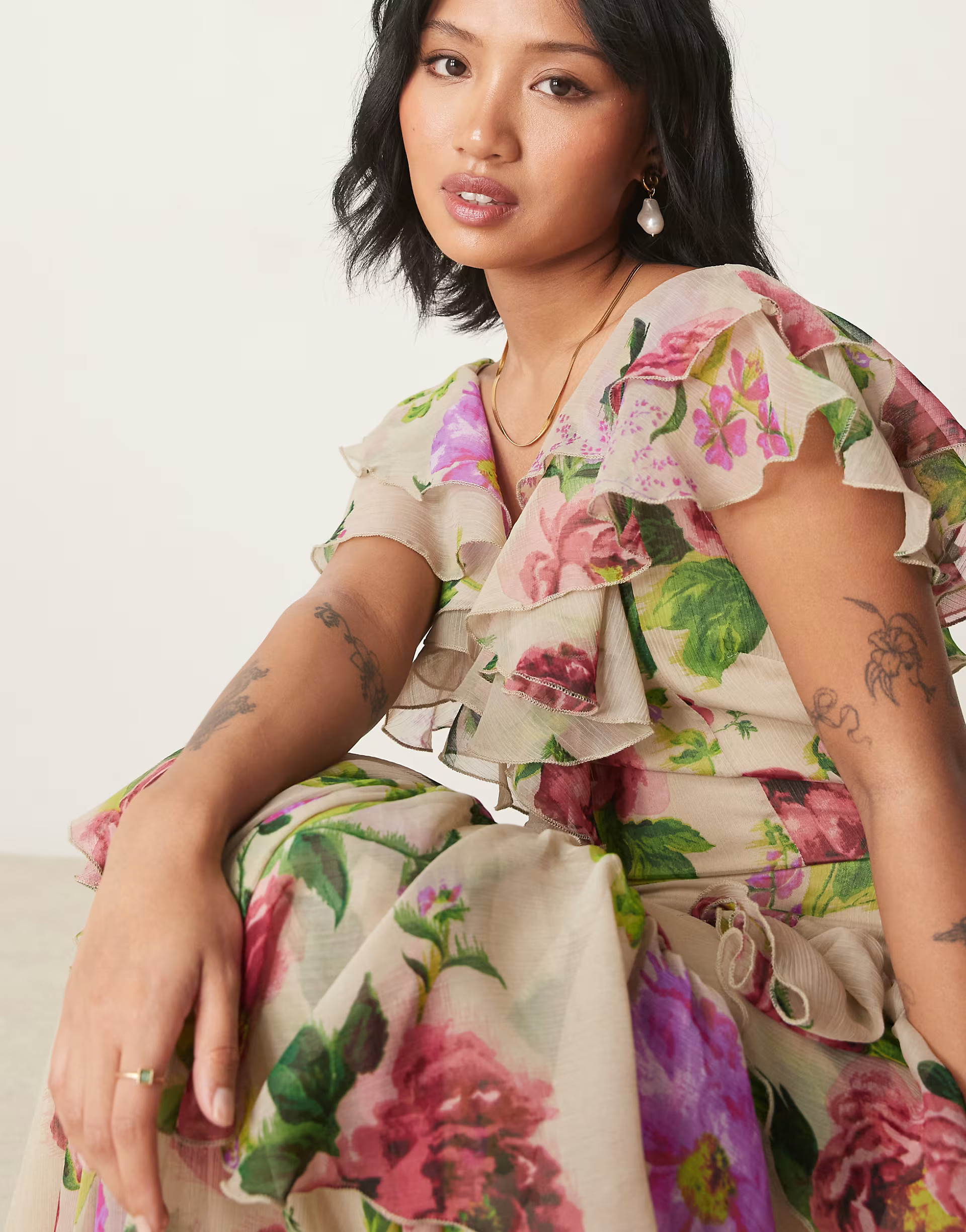 ASOS DESIGN Petite scoop neck flutter sleeve ruffle tiered midaxi dress in lilac floral print | ASOS (Global)