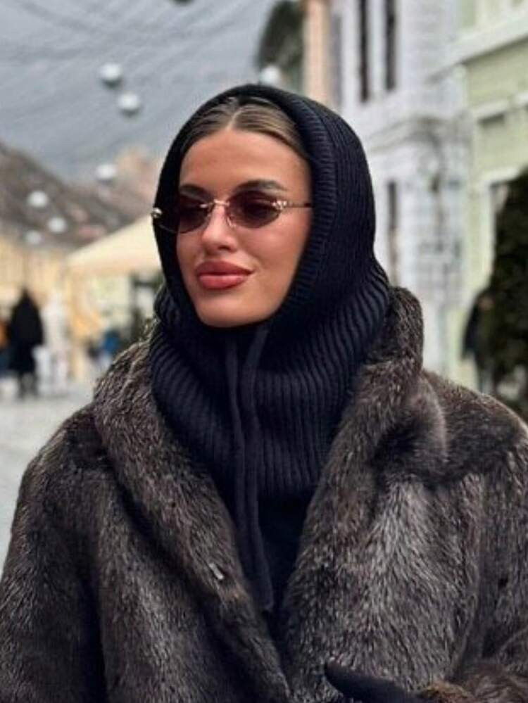 1pc/2pcs Women Black Balaclava Hat With Drawstring Detachable Collar, Wool Blend Neck Warmer Ski Mask, Outdoor Winter Knit Face Cover Scarf Hood, Suitable For Cold Weather, Random Style Delivery, Christmas Gift | SHEIN