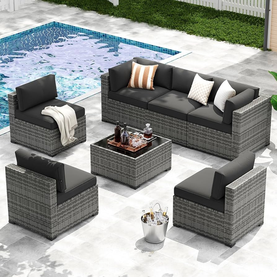 LazySunsets Juego de muebles de patio de 7 piezas, muebles de mimbre para exteriores con cojines ... | Amazon (US)