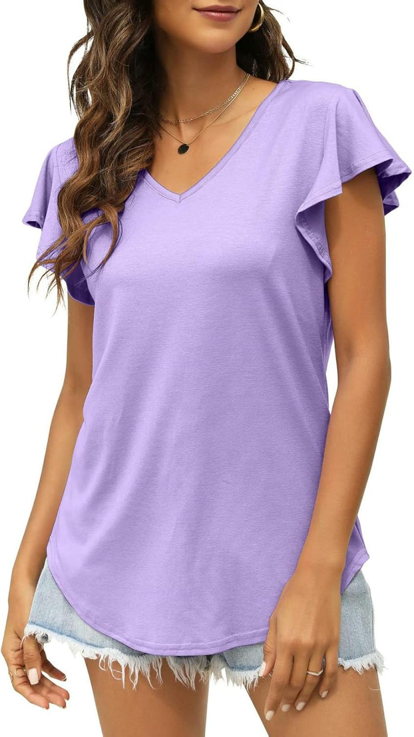 NANYUAYA Womens Summer Tops Ruffle Short Sleeve Tunic Shirts Casual V Neck Solid Color Tee | Amazon (US)