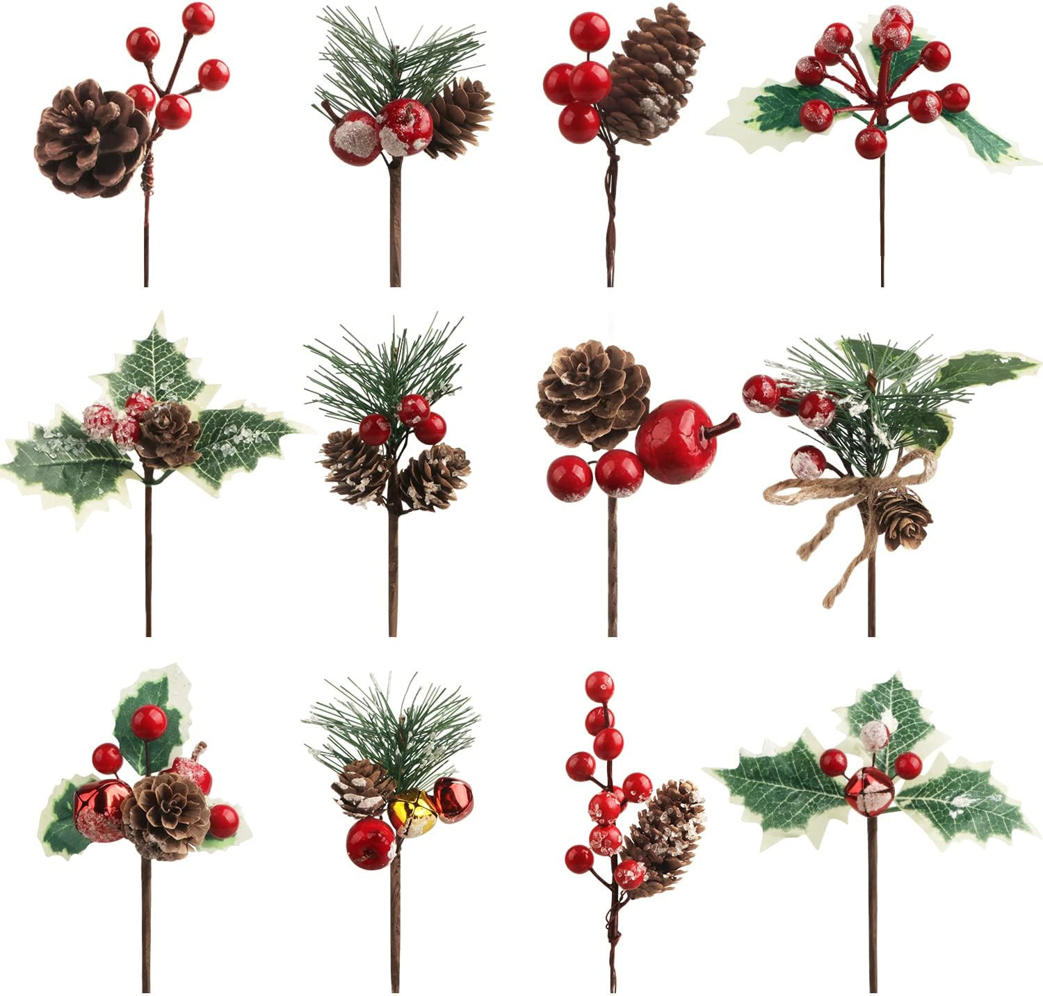 12PCS Christmas Picks with Pine Cones Holly Berry Artificial Red Berry Stems Pine Branches Small ... | Amazon (US)
