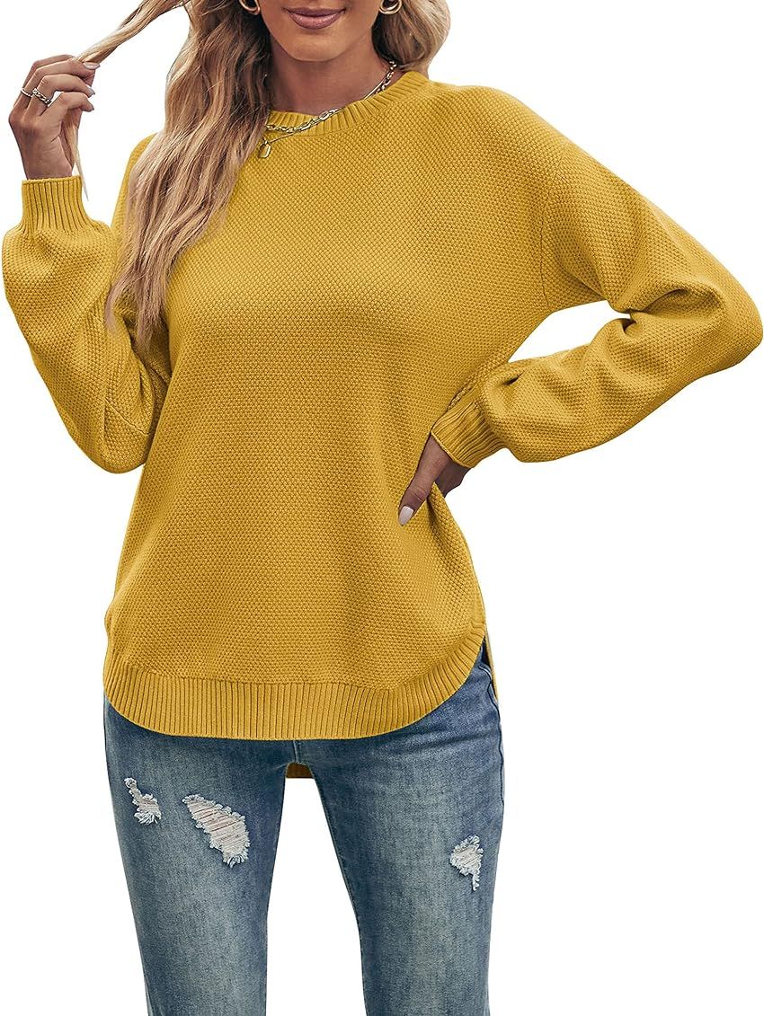 MEROKEETY Women's Long Balloon Sleeve Crew Neck Sweater Tops Waffle Knit Soft Pullover Jumper | Amazon (US)