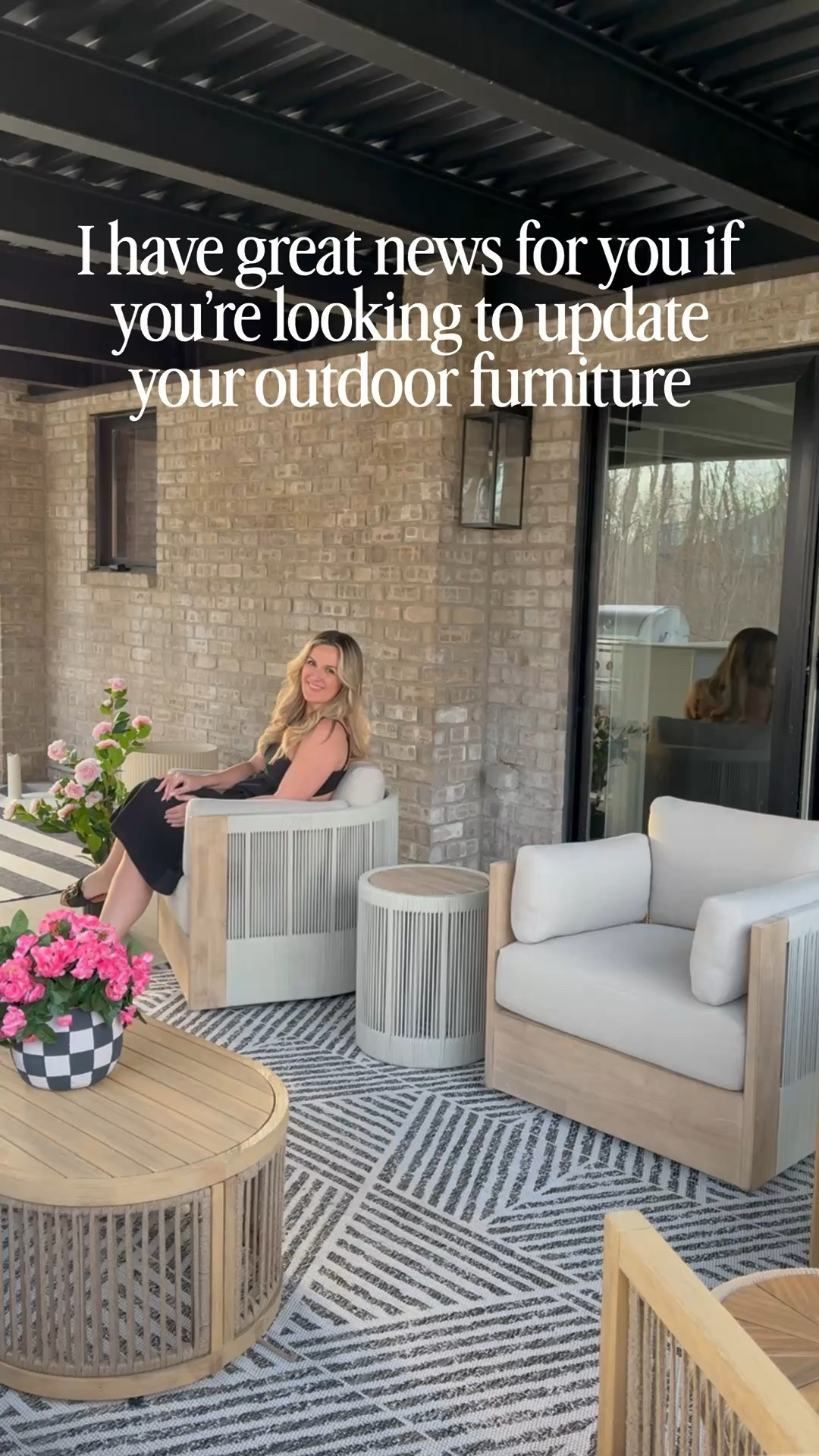 Outdoor seating . Rope swivel chairs and tables. Black and white outdoor rugs. Fire pit. Outdoor bar stools. 

#LTKHome #LTKSaleAlert
