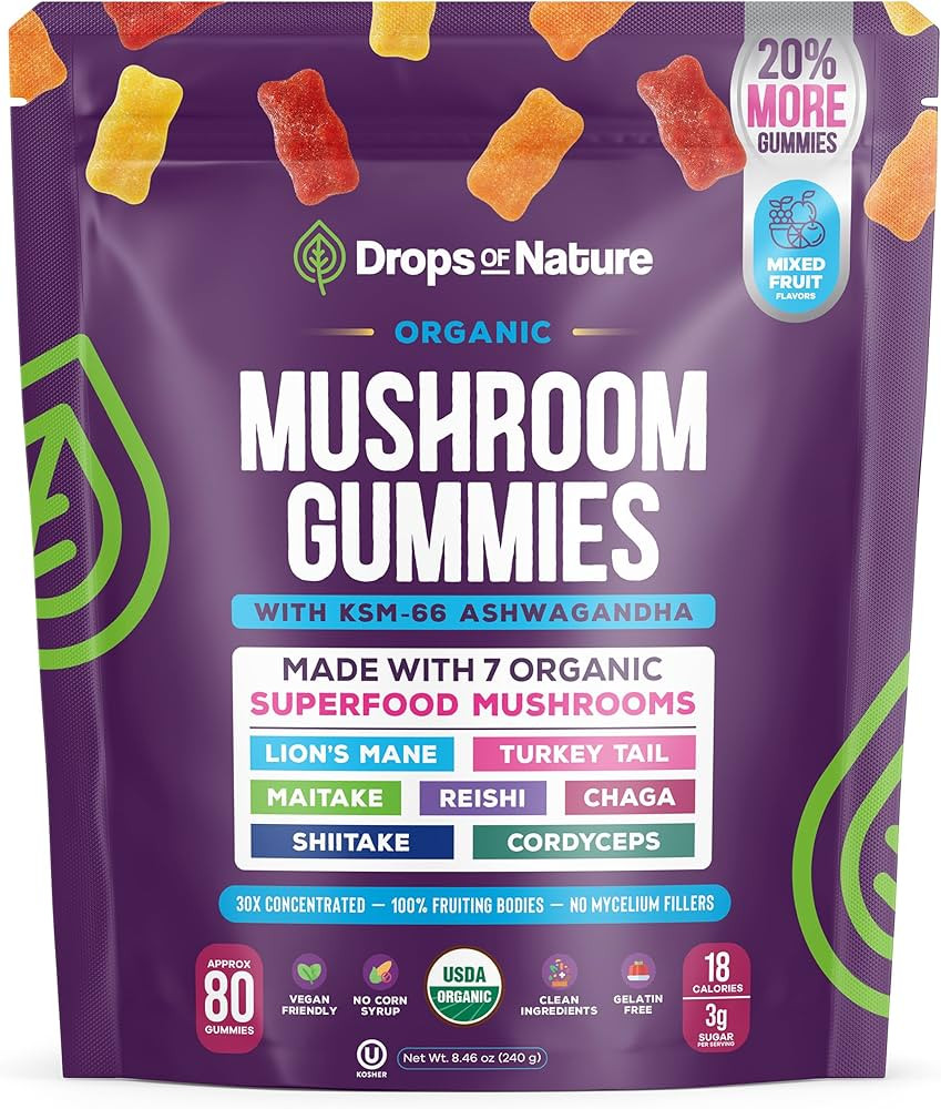 Drops Of Nature Ashwagandha Gummies & Lions Mane Mushroom Supplement – Turkey Tail, Maitake, Re... | Amazon (US)