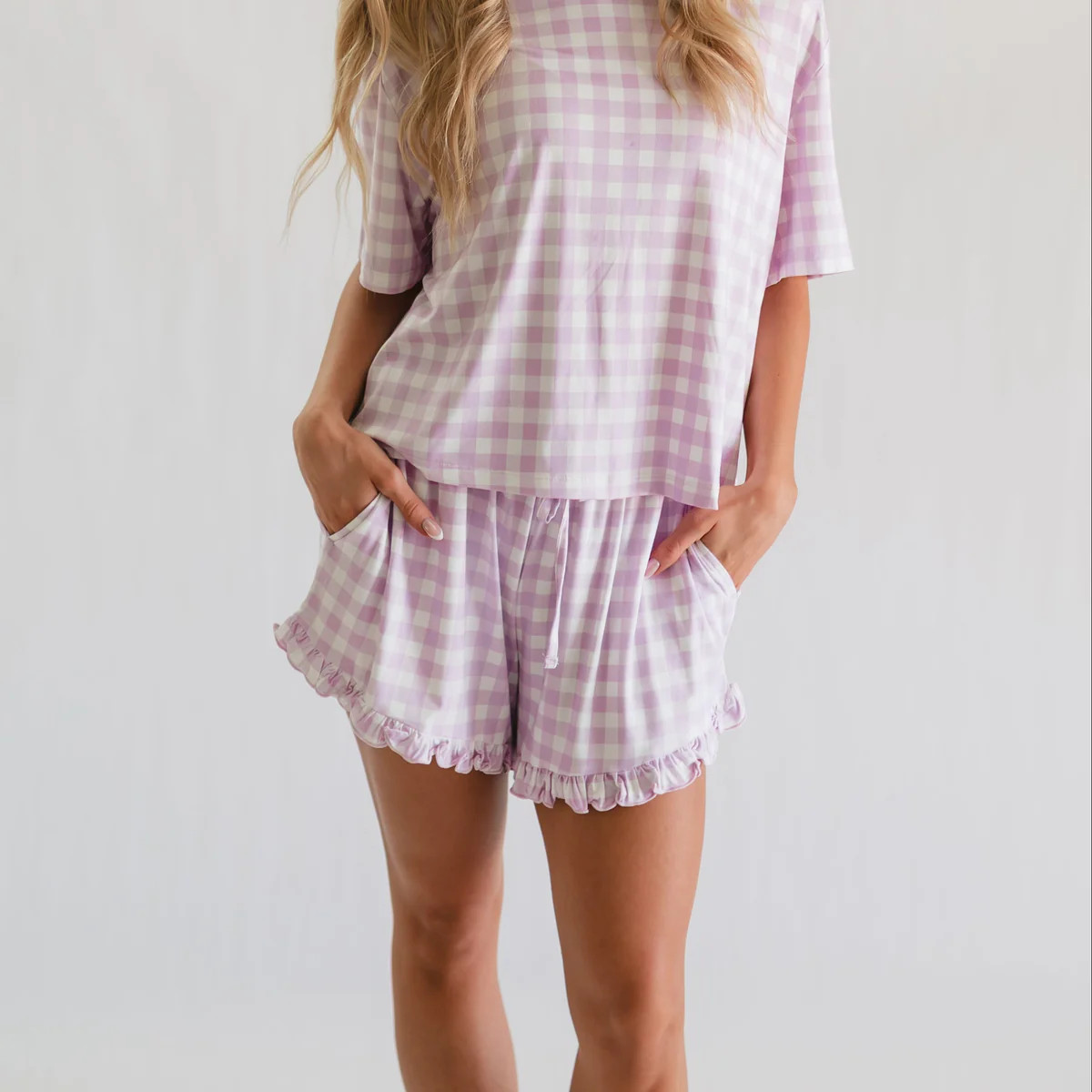 Women’s Ruffle Short Set in Purple Gingham | Silks Design