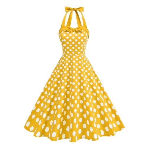 Women's 1950s Vintage Polka Dot Dress - Halter Neck Cotton Blend Fit and Flare Swing Dress with Bow for Party Wedding Guest Brunch Date 50s Retro Cocktail Pin Up Photoshoot Dresses Yellow S | Amazon (US)