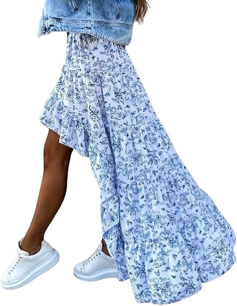 Women´s Boho Floral Print Long Skirt High Low Irregular Ruffle Hem Party Beach Maxi Swing Skirt ... | Amazon (US)