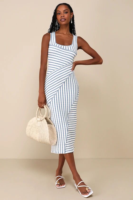 Constantly Trendy Blue Striped Crinkle Bodycon Midi Dress | Lulus