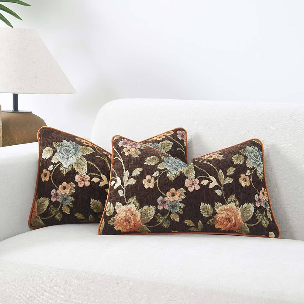 JUSPURBET Lumbar Throw Pillow Covers 12x20 Set of 2 Decorative Chenille Cushion Covers for Couch or Bed Vintage Floral Pattern with Piping Soft Farmhouse Home Decor,Dark Brown | Amazon (US)