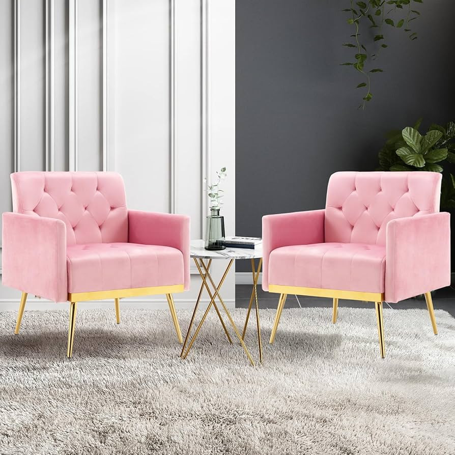 Velvet Accent Chairs Set of 2, Modern Button Tufted Armchair with Metal Legs Small Comfy Upholste... | Amazon (US)