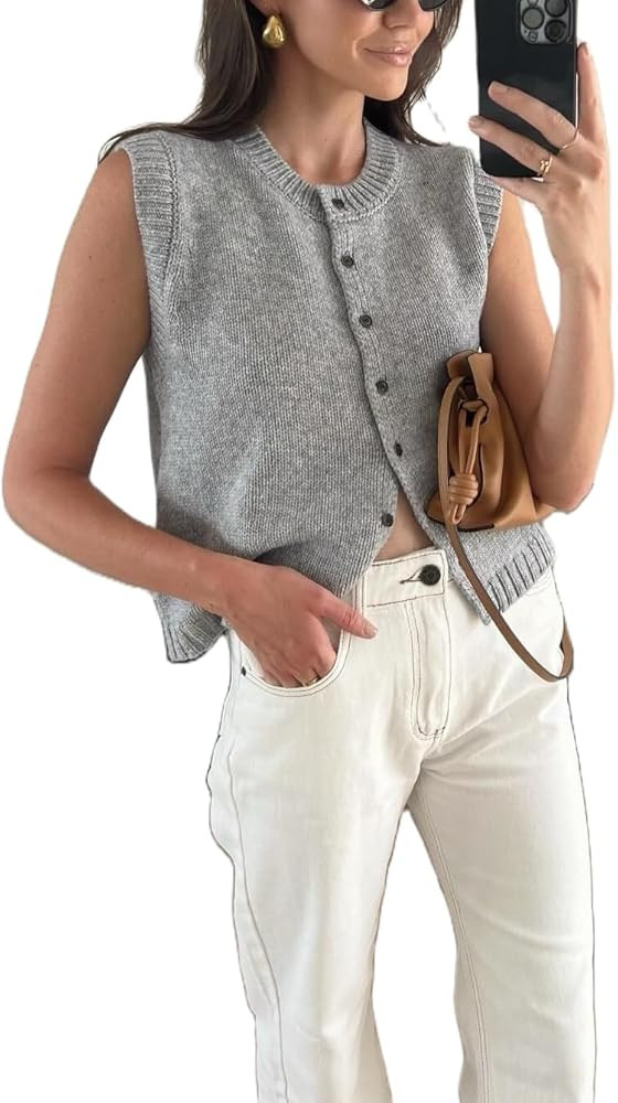 Seyurigaoka Womens Sweater Vest Button Front Round Neck Sleeveless Knit Vest Summer Ribbed Tank T... | Amazon (US)