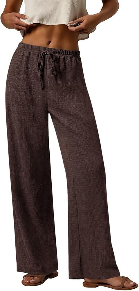 PRETTYGARDEN Womens Summer Elastic Waist Textured Flowy Palazzo Pants for Women Casual Wide Leg P... | Amazon (US)