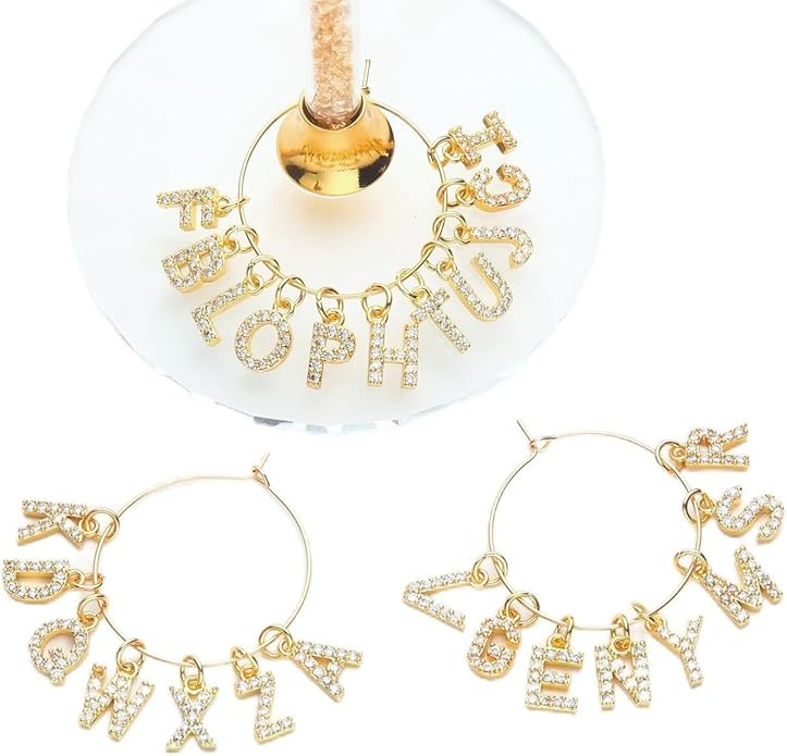 Pride & Par Gold Bling Letter Wine Glass Charms, 26-Piece Set, Diamond Wine Glass Markers for Ste... | Amazon (US)