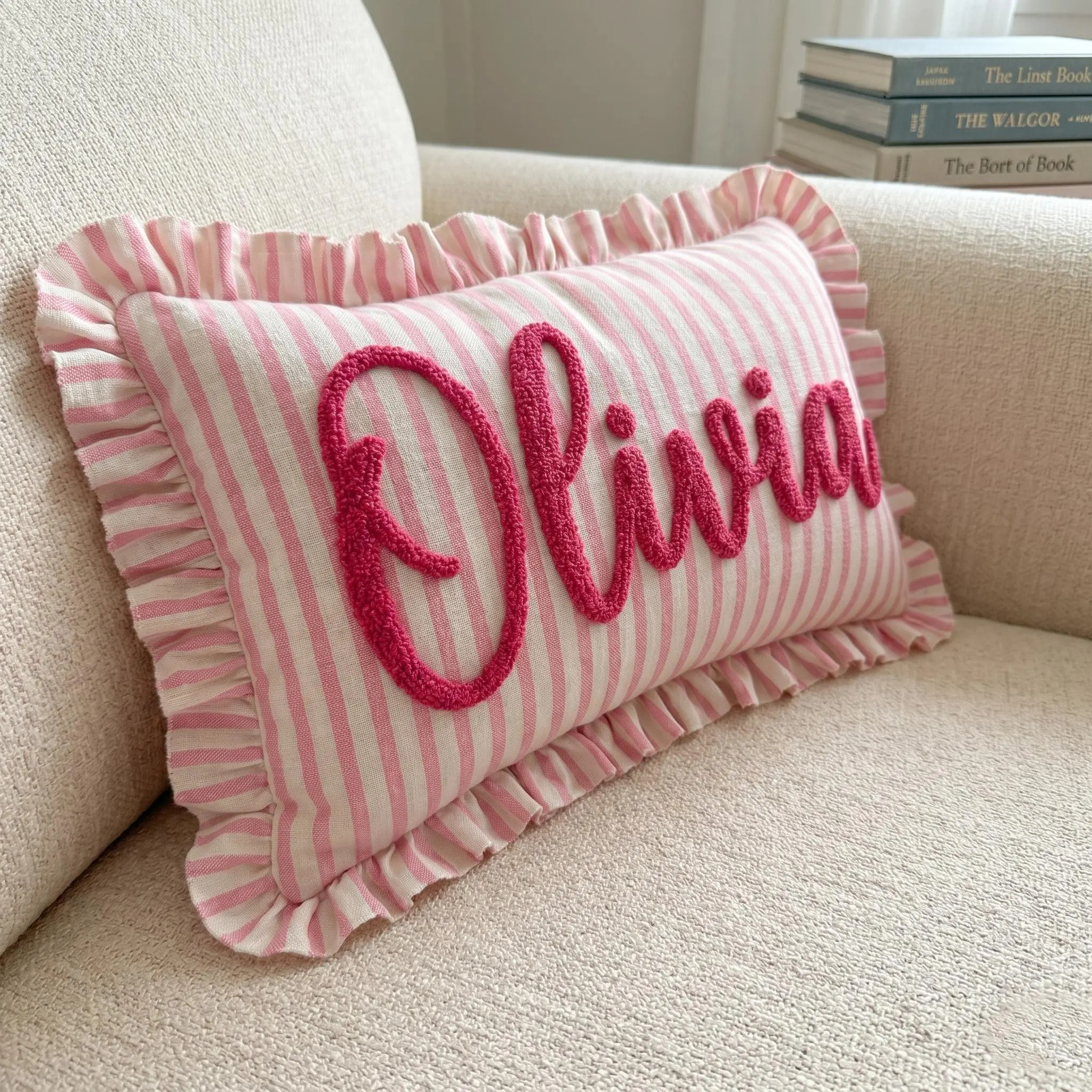 Personalized Striped Ruffled Punch Needle Throw Pillow: Embroidered Name Baby Gift for Nursery | Etsy (Global)