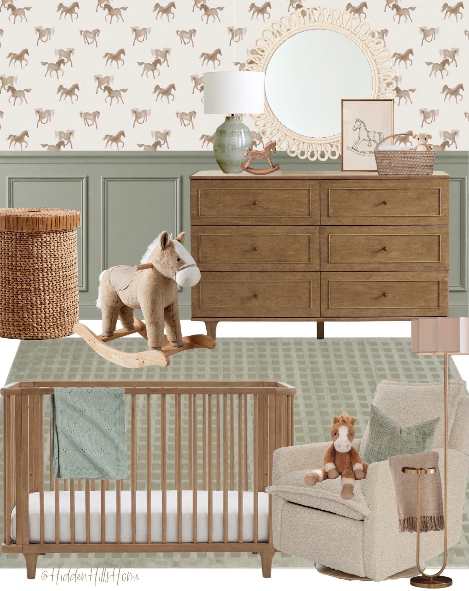 Nursery decor mood board, nursery design, home decor ideas, nursery inspiration, baby boys room, baby room, green nursery, crib, glider, nursery wallpaper, horse themed nursery #baby

#LTKHome #LTKSaleAlert #LTKBaby
