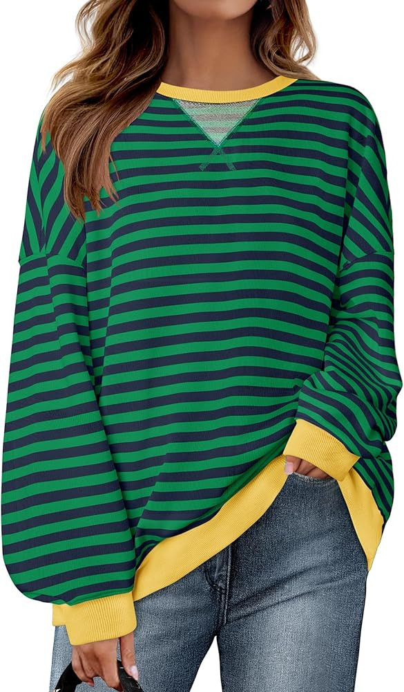 ZESICA Womens Casual Striped Pullover Tops Long Sleeve Shirts Crewneck Oversized Sweatshirts 2024... | Amazon (US)