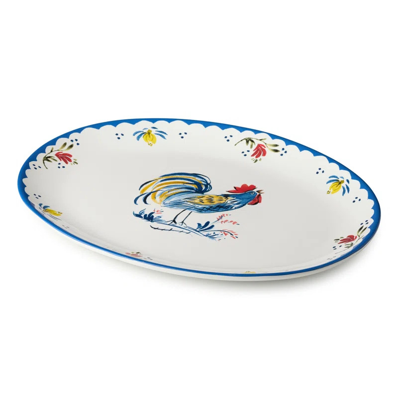French Rooster Ceramic Oval Platter 16 x 12 Inches, rustic farmhouse serving platter with cobalt ... | Wayfair North America