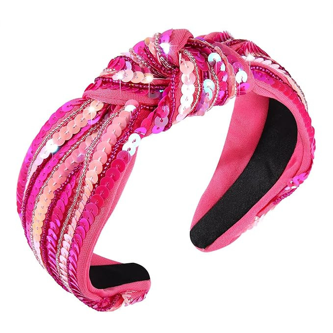 Valentines Day Headband Glitter Hot Pink Sequins Beaded Valentines Knotted Headband for Women Gir... | Amazon (US)