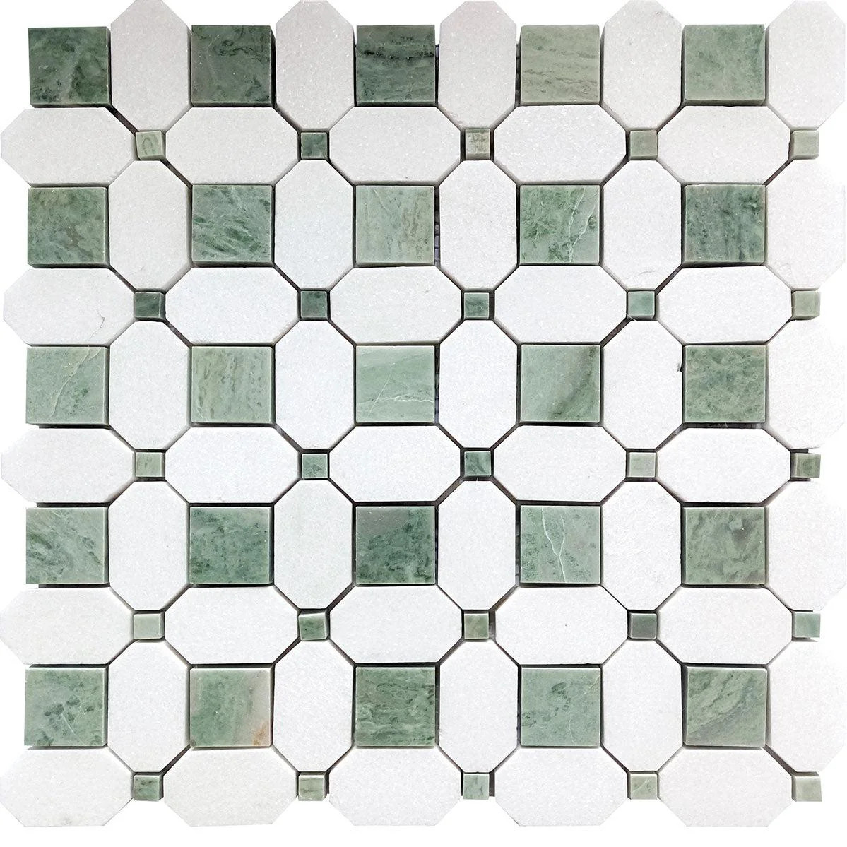 Envy Green Octagon and Thassos Square Marble Mosaic Tile | Tile Club
