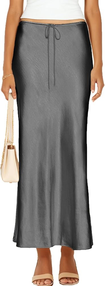 Womens Satin Silk Maxi Skirts Drawstring Flared Casual A-Line Long Skirt for Women | Amazon (US)