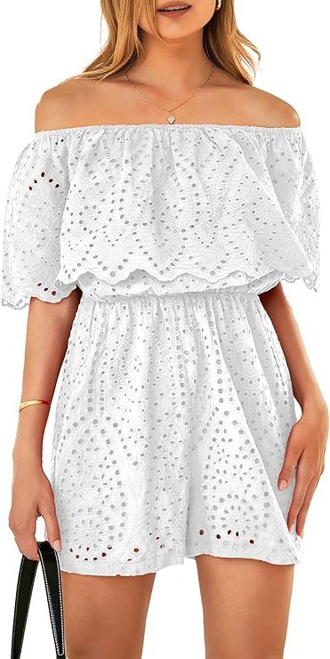PRETTYGARDEN Women's Embroidery Rompers Dressy 2023 Summer Casual Off Shoulder Ruffle Shorts Jump... | Amazon (US)