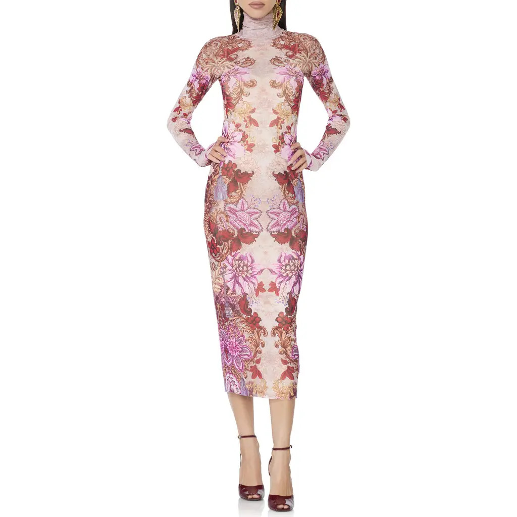 AFRM Shailene Turtleneck Midi Dress in Gold Guilded Floral/pink at Nordstrom, Size Large | Nordstrom