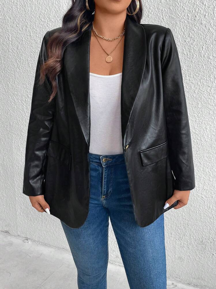 SHEIN LUNE Plus Size Women Spring Autumn Solid Color Lapel Long Sleeve PU Leather Elegantjacket | SHEIN