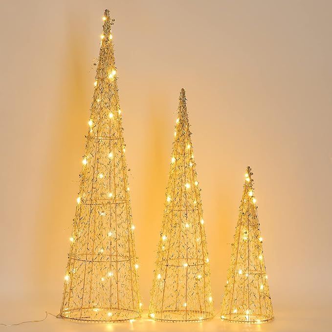 Lewondr Christmas Cone Trees, Set of 3 Christmas Tree with Lights Metal Beads and Tassel Trim(32"... | Amazon (US)
