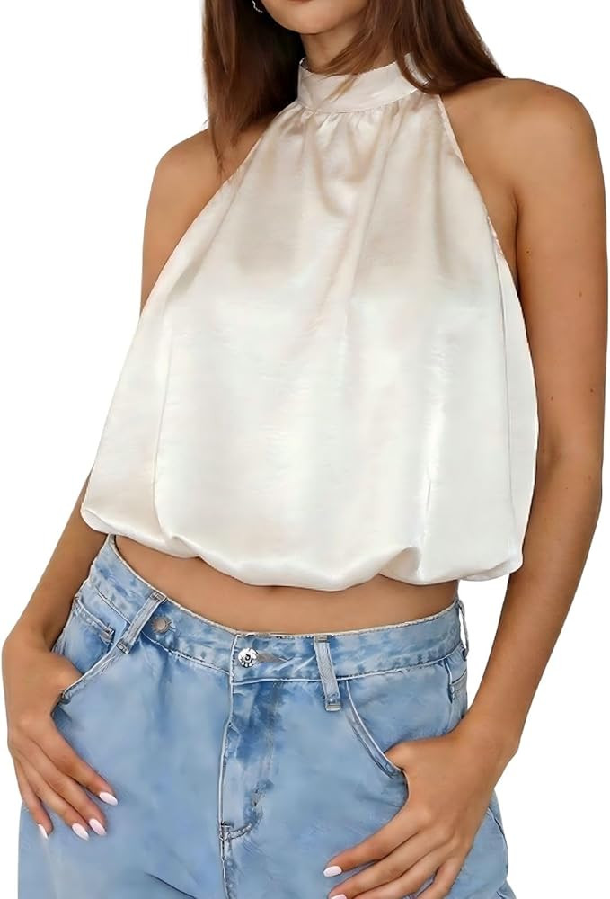 Women Going Out Top Satin Halter Bubble Hem Backless Y2K Summer Night Out Streetwear | Amazon (US)