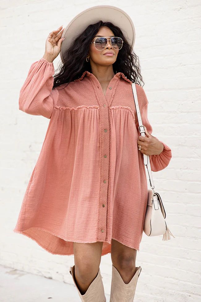 Trying My Best Mauve Long Sleeve Collared Button Up Gauze Mini Dress | Pink Lily