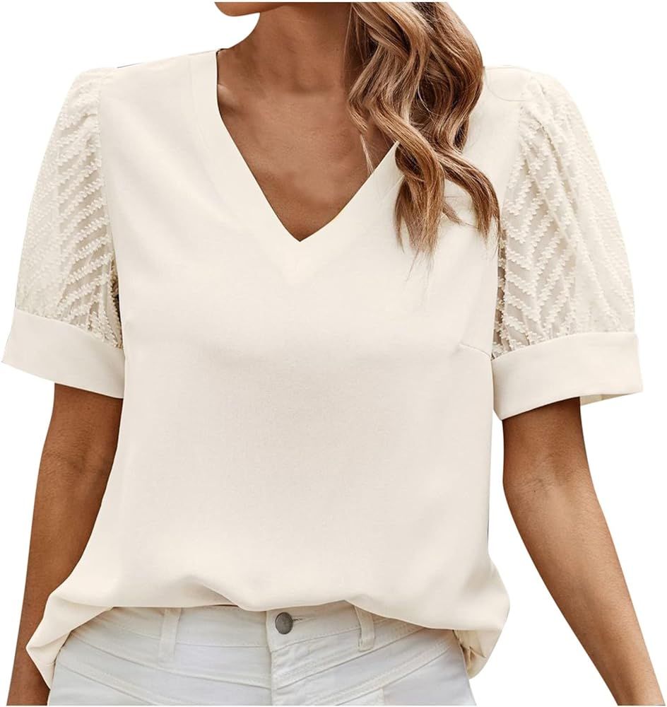 Spring Fashion for Women 2023 Solid Business Short Sleeve V-Neck Blouses Forma Classic Tops Woman... | Amazon (US)