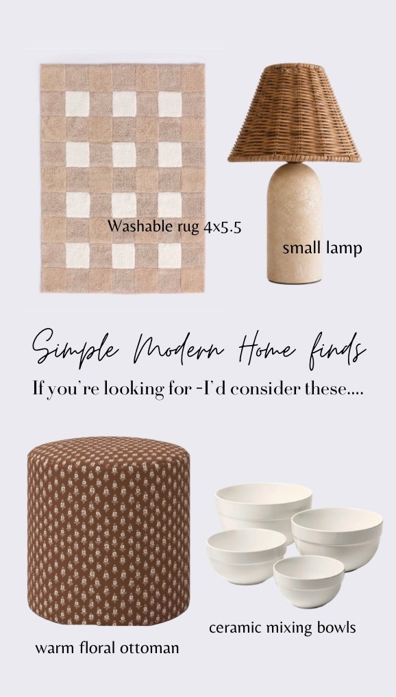 Simple Modern Home Series-

If you’re looking for…
I’d consider these.

Washable rug
Ottoman
Mixing bowls
Lamp

Neutral home / warm modern / organic

#LTKHome