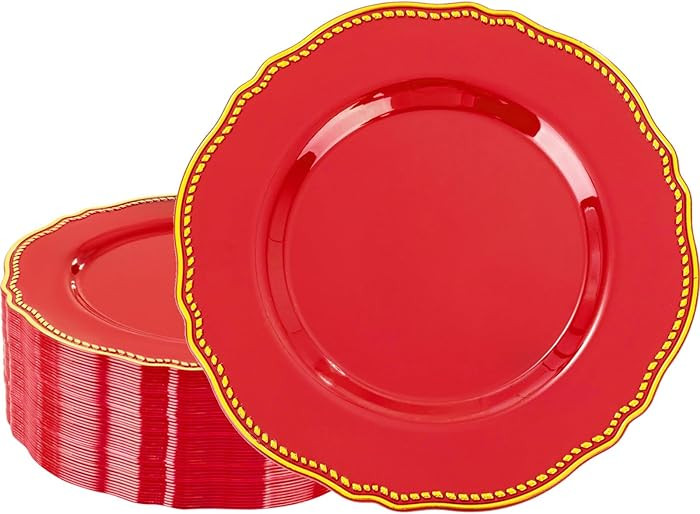 Hioasis 60pcs Red Plastic Plates - Red and Gold Disposable Dinnerware with Gold Rim, Heavy-duty, ... | Amazon (US)