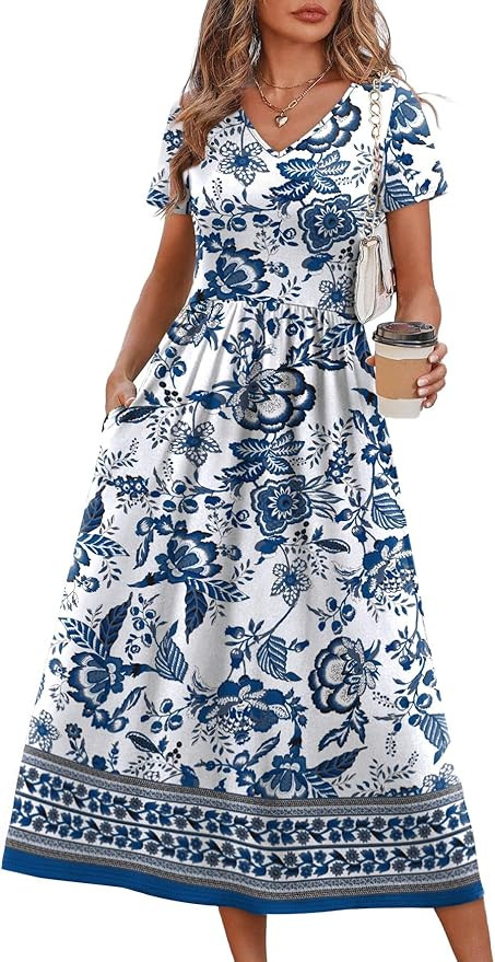 OFEEFAN Summer Dresses for Women Flowy Casual A-Line Midi Dress Beach Vacation Sundresses with Po... | Amazon (US)