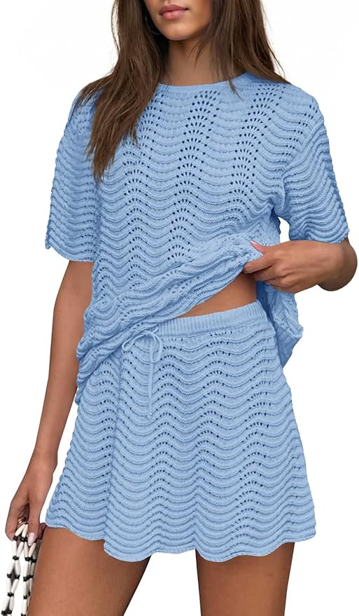 Fisoew Womens Crochet Swimsuit Coverup 2 Piece Skirt Sets Bathing Suit Cover Up Knit Beach Vacati... | Amazon (US)